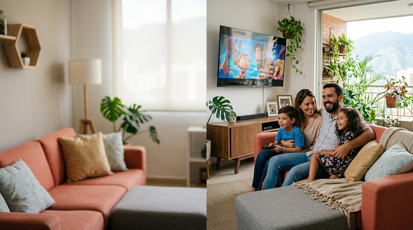 Familia viendo un televisor grande en la sala
