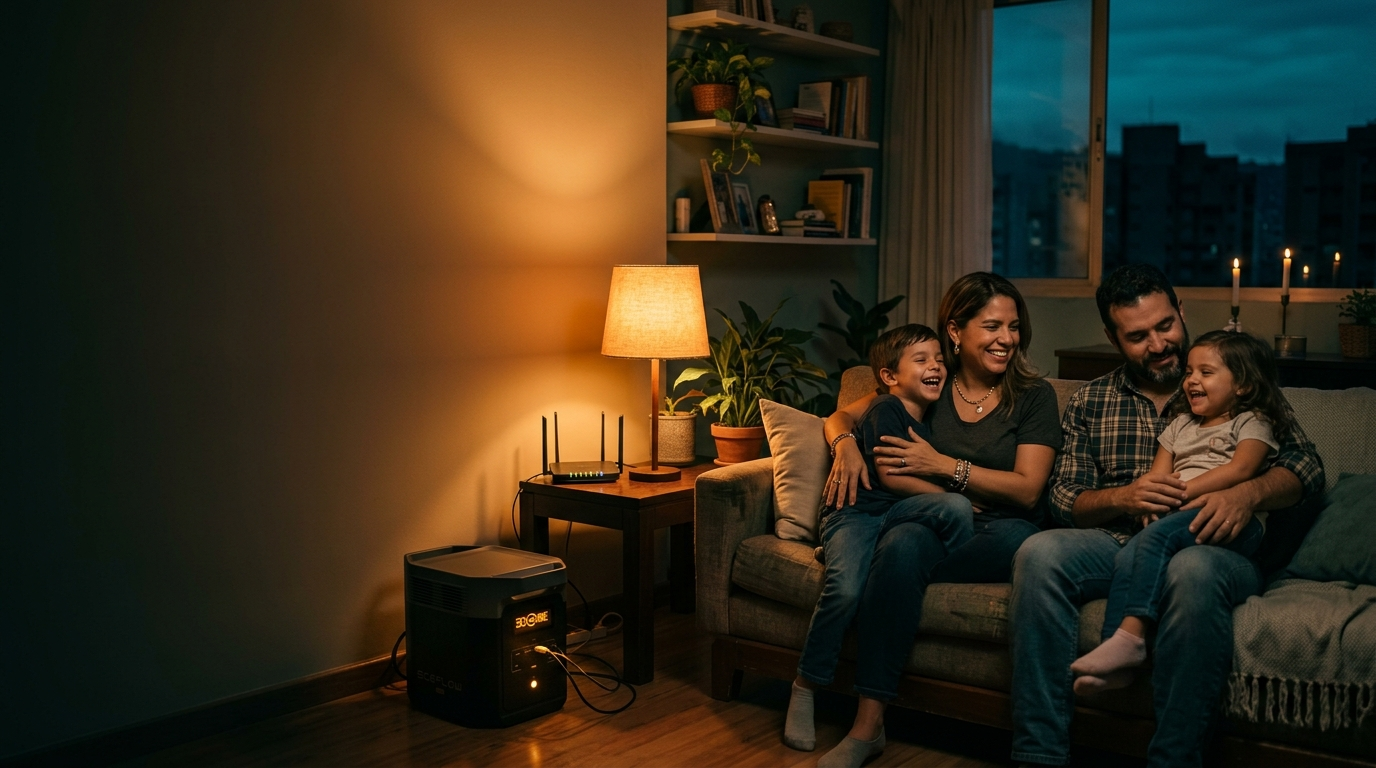 Estación de energía portátil dando luz en un apagón