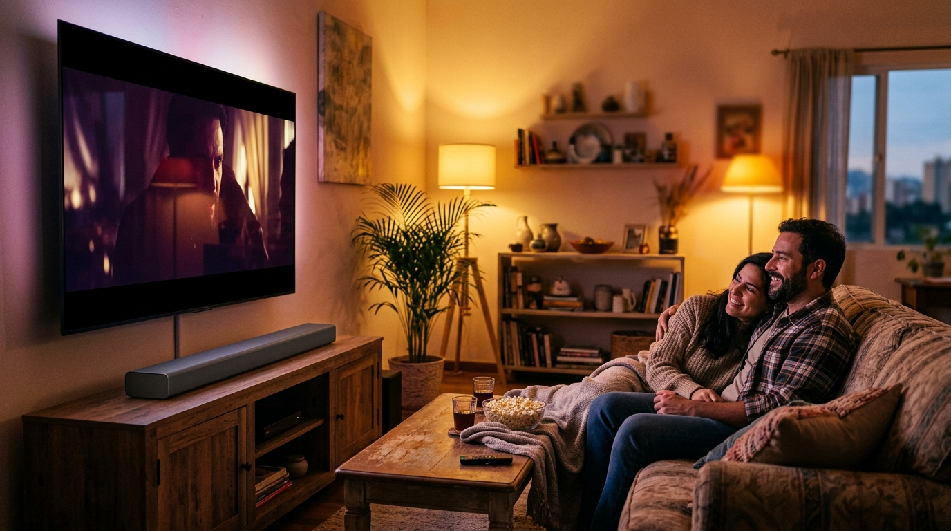 Barra de sonido bajo un televisor en la sala