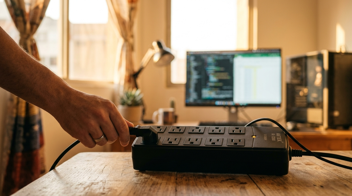 Regulador de voltaje AVR protegiendo una PC en un escritorio, energía estable en Venezuela