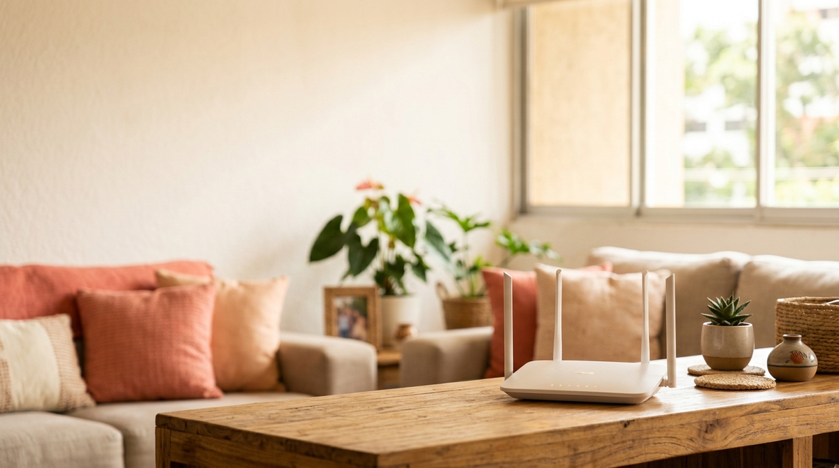 Router WiFi moderno en la sala de una casa venezolana, hogar conectado con luz cálida