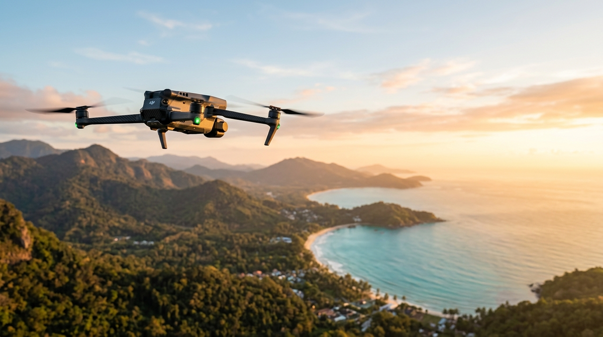 Dron sobrevolando un paisaje tropical al atardecer, toma aérea cinematográfica