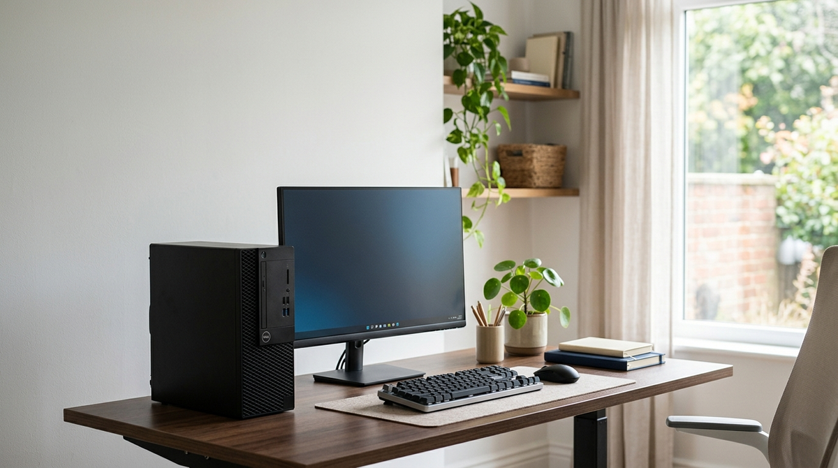 Computadora de escritorio con monitor en una oficina en casa luminosa y ordenada