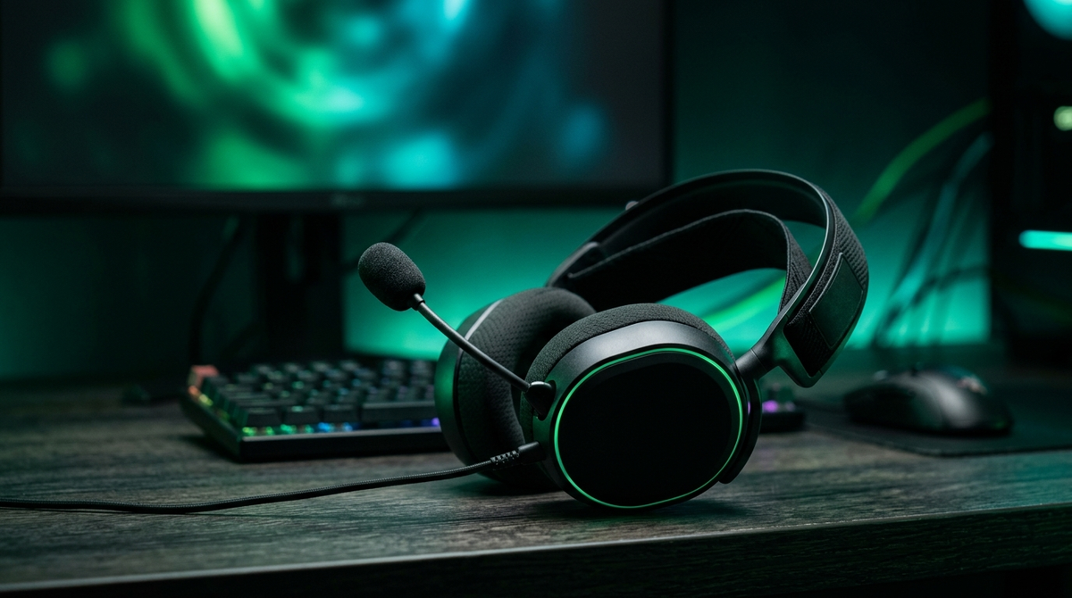 Audífonos gamer con micrófono sobre un escritorio con luz verde, ambiente gamer