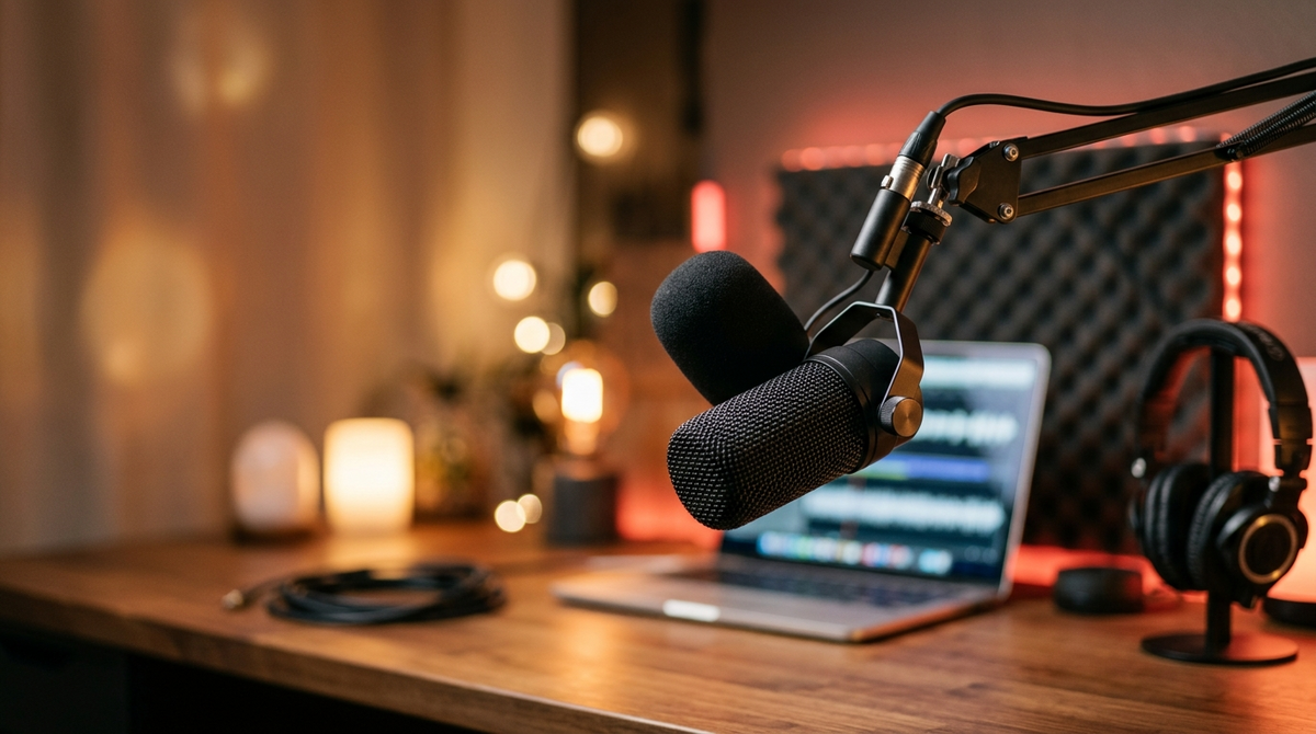 Micrófono de estudio sobre un escritorio con luz ámbar, ambiente de podcast y creación de contenido