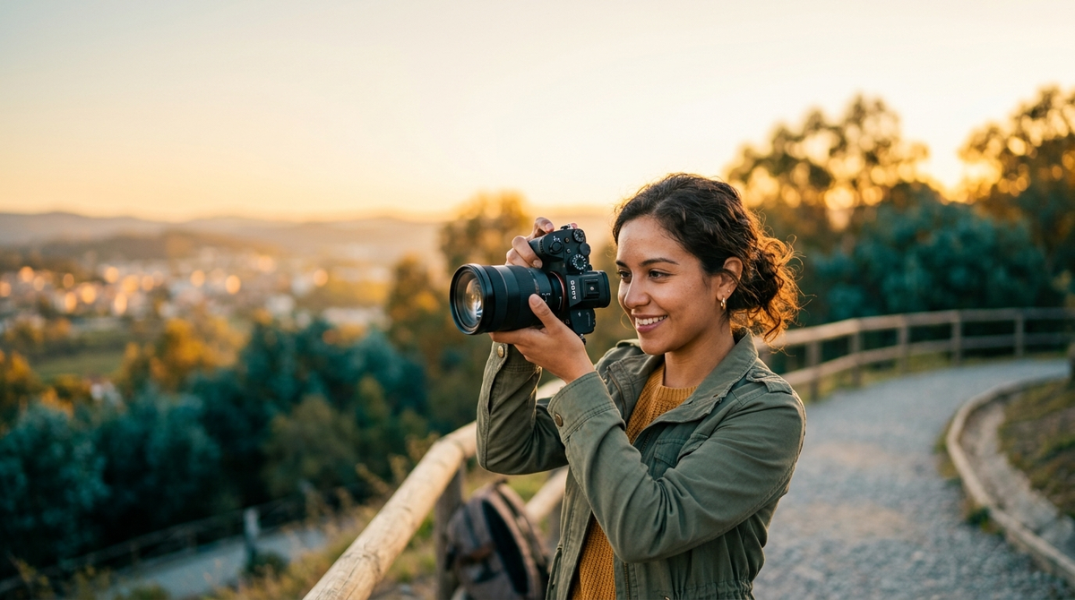 Creadora de contenido con una cámara mirrorless al atardecer, ambiente cálido de fotografía