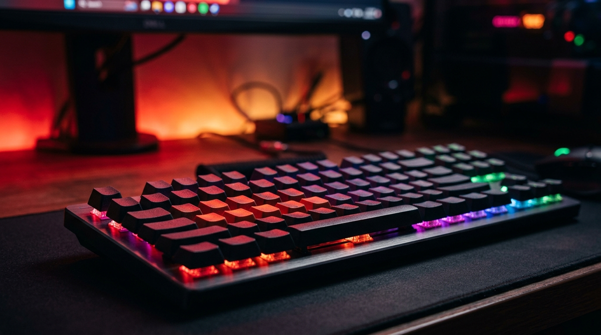 Teclado gamer mecánico con iluminación RGB roja en un escritorio oscuro