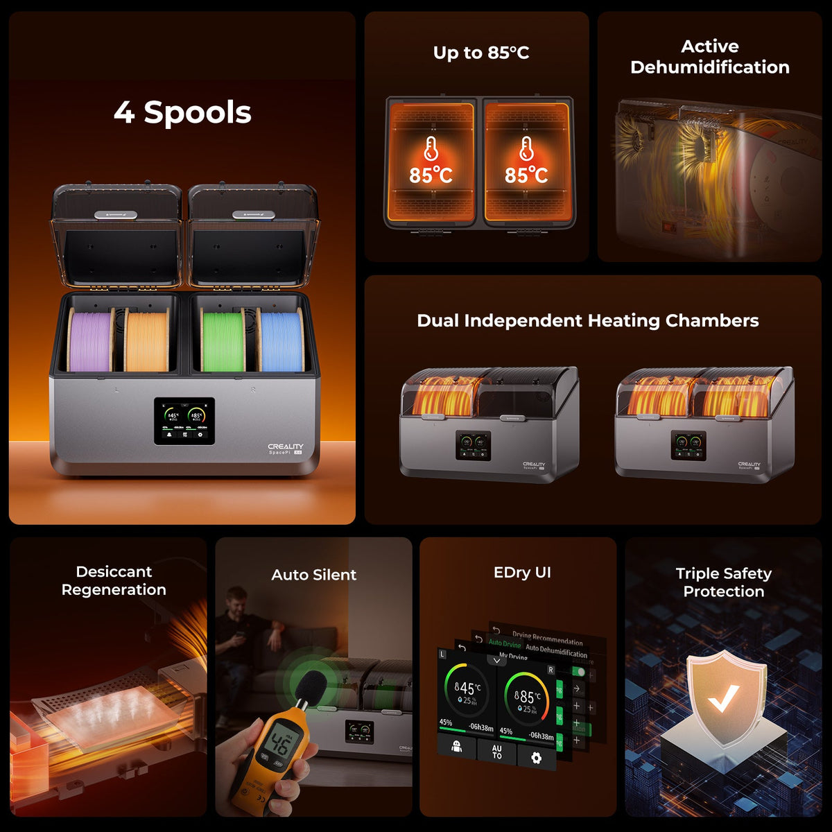 Secador Creality SpacePi X4: seca (y usa) hasta 4 bobinas a la vez con doble cámara independiente, calor PTC 200W+200W h