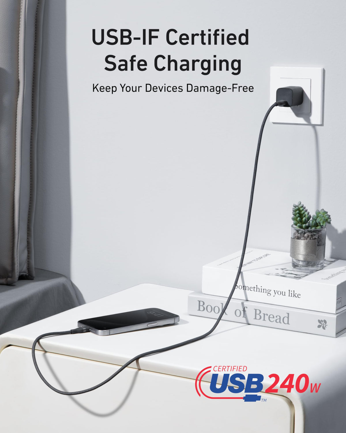 Cable Anker 240W USB-C to USB-C Cable (6ft Upcycled-Braided)