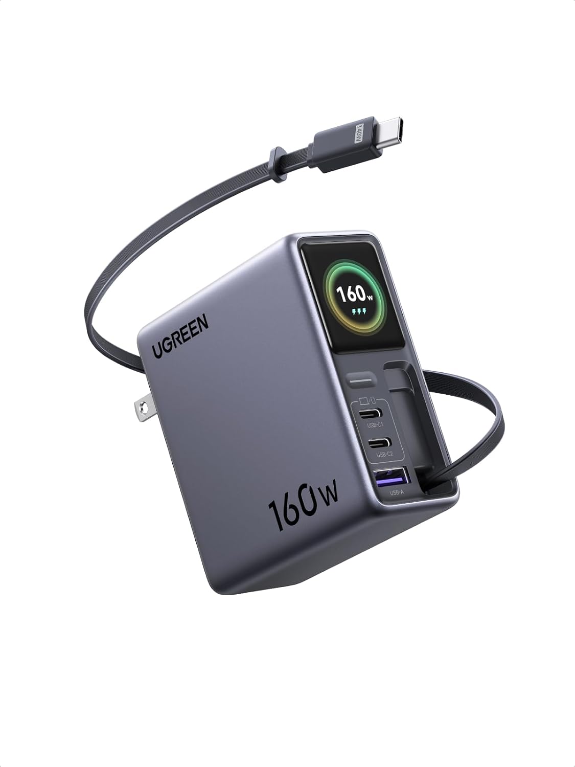 Cargador-UGREEN-Nexode-Pro-160-W-con-Cable-Retráctil-Pantalla-Inteligente-y-Control-por-Ap-portada