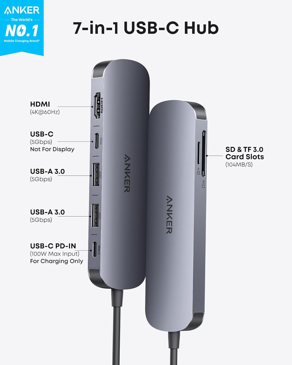 Hub USB Anker Nano 7 en 1 USB-C con HDMI 4K y PD 100W