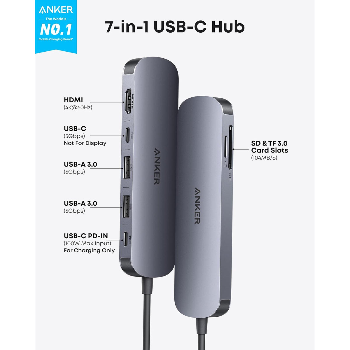 Hub USB Anker USB C, adaptador USB multipuerto 7 en 1, divisor USBC a HDMI de - vista 2
