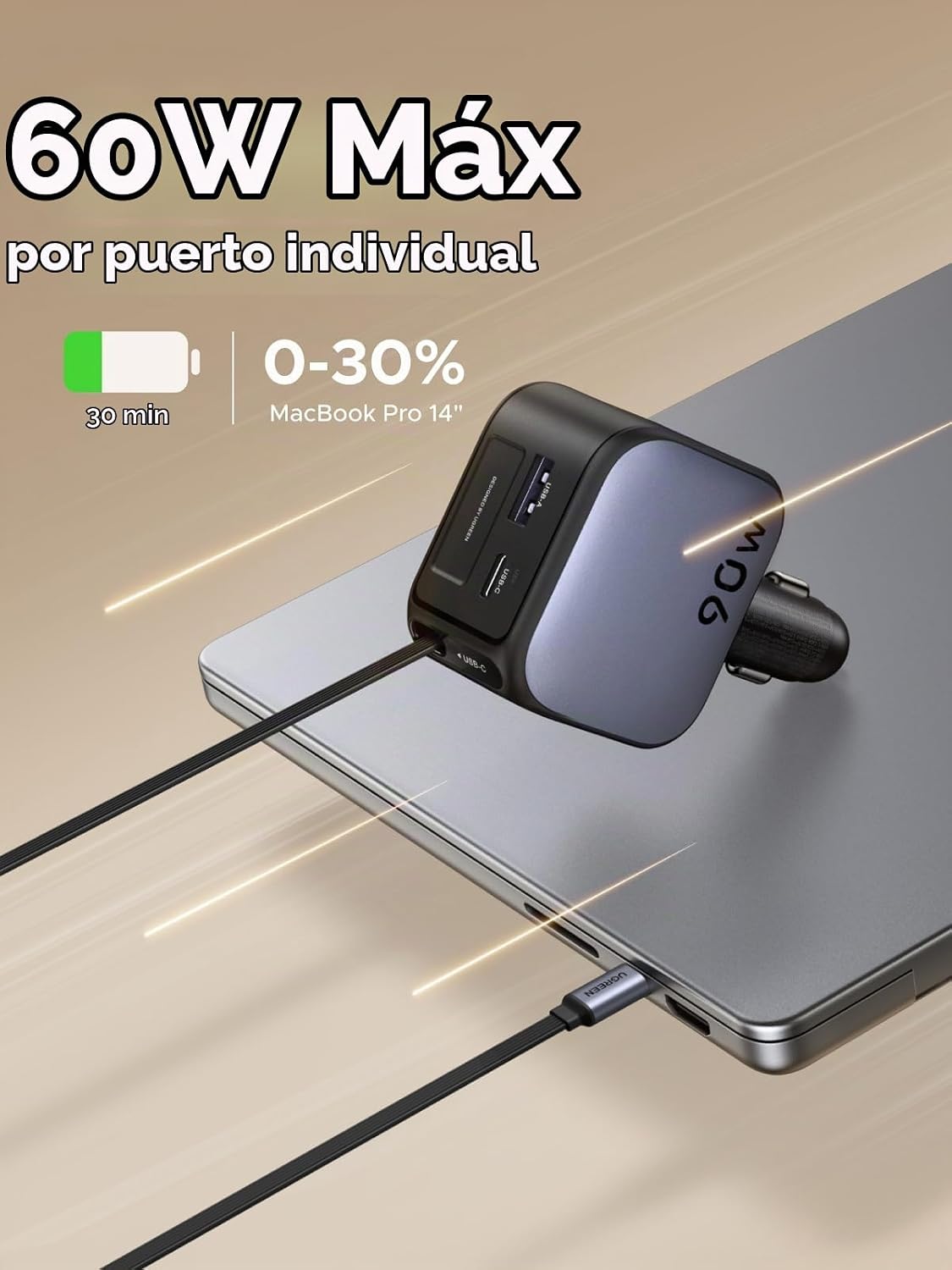 Cargador-de-Auto-UGREEN-Retráctil-de-90-W-y-3-Puertos-con-Cable-3