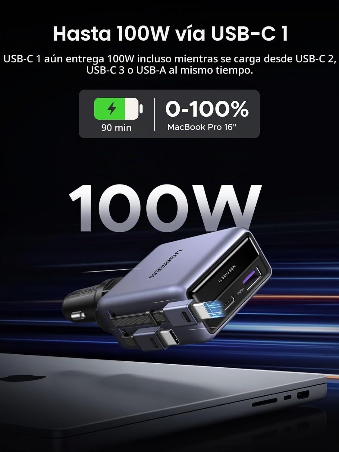 Cargador-de-Auto-UGREEN-Retráctil-de-150-W-y-4-Puertos-con-Cable-EC607-2