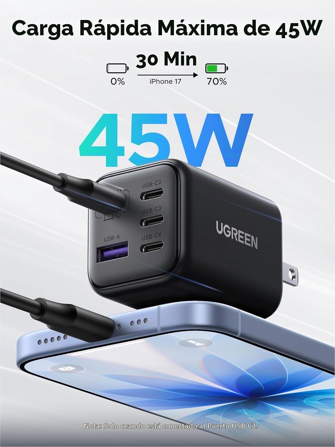 Cargador-de-Pared-UGREEN-GaN-USB-C-45-W-de-5-Puertos-PD-3