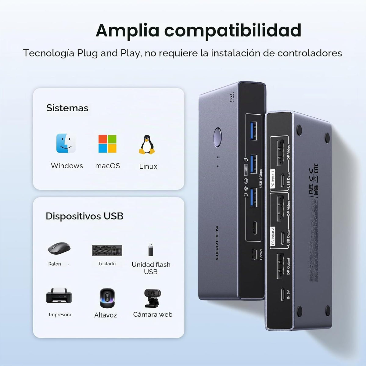 Switch-KVM-UGREEN-DisplayPort-8K-60Hz-para-1-Monitor-y-2-Computadoras-Aluminio-8