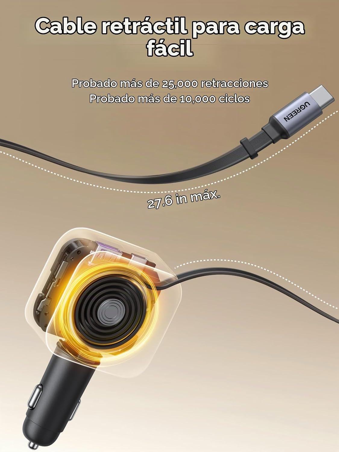 Cargador-de-Auto-UGREEN-Retráctil-de-90-W-y-3-Puertos-con-Cable-5