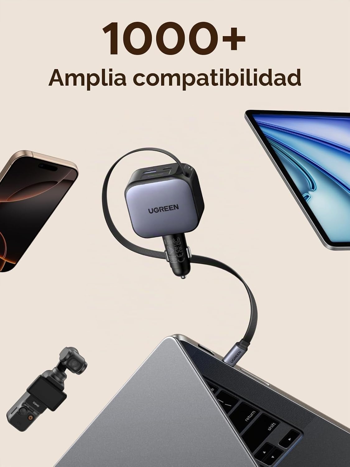Cargador-de-Auto-UGREEN-Retráctil-de-90-W-y-3-Puertos-con-Cable-7