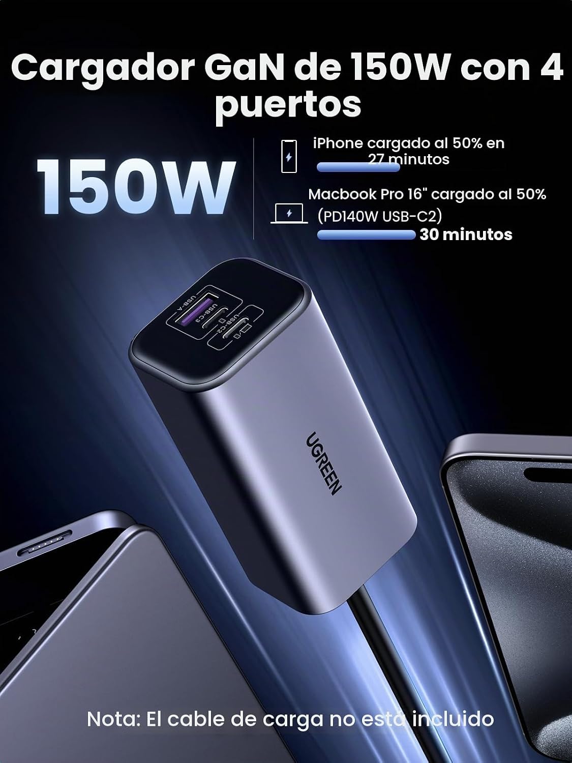 Cargador-de-Auto-UGREEN-Retráctil-de-150-W-y-4-Puertos-con-Cable-EC706-2
