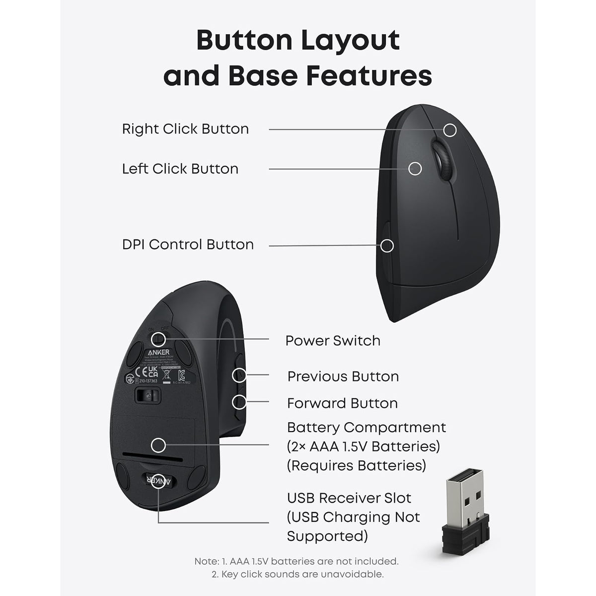 Mouse Anker óptico, ergonómico, vertical e inalámbrico 2.4G de Anker, modelos 800/1200/1600 ppp - vista 6