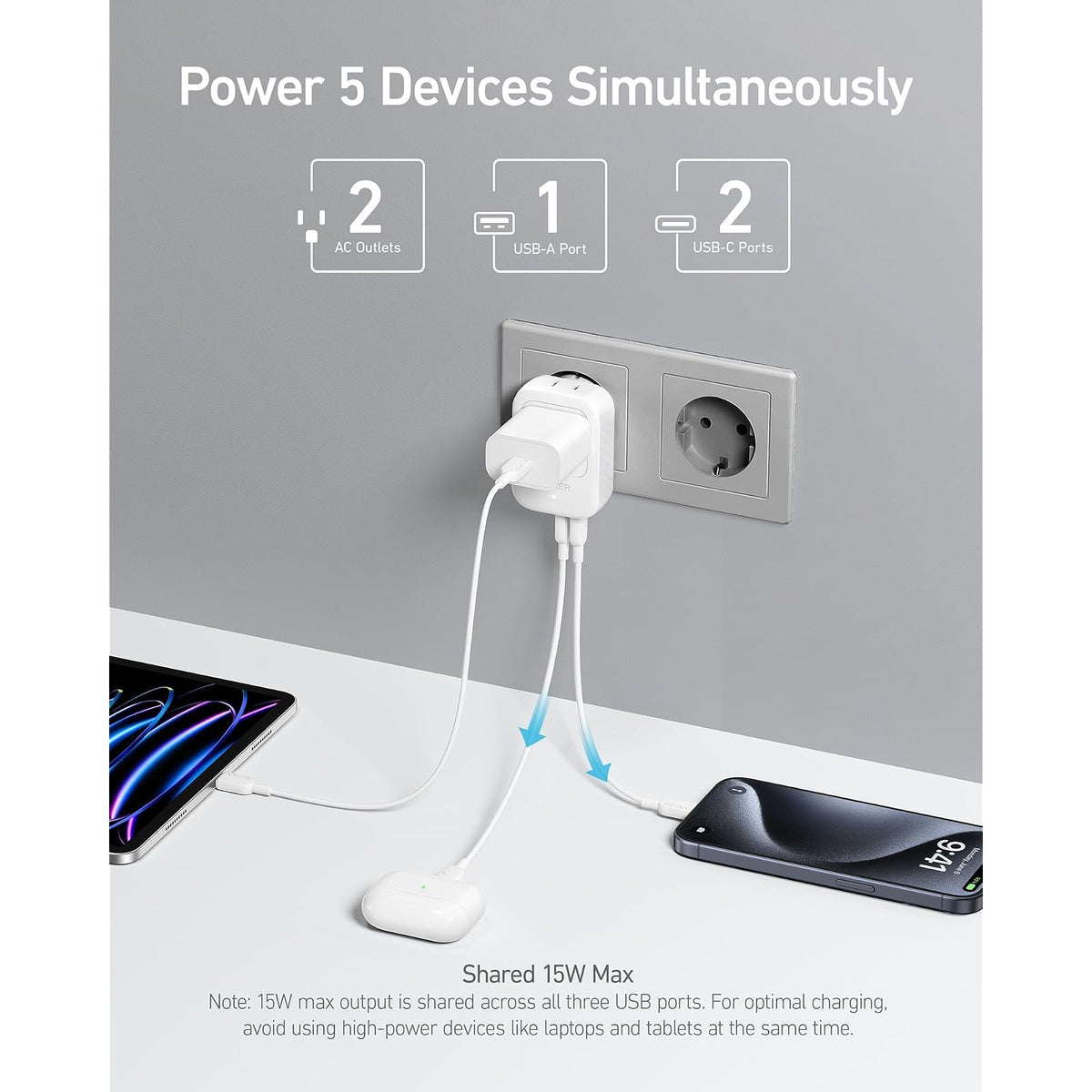 Adaptador Anker Travel Adapter, European Travel Plug Adapter, US to Europe 15W 2-Pack - vista 3