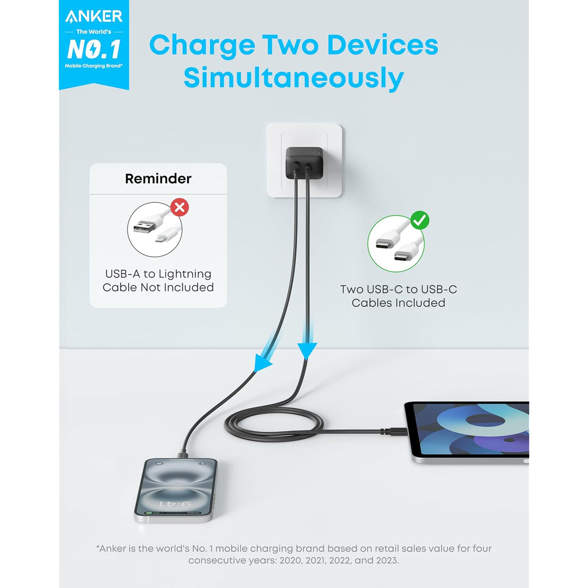 Cable Anker Cargador para iPhone 16, paquete de 2 bloques de cargador USB C rápido de 20 W, cable USB C, cable de carga tipo C, carga rápida - vista 2