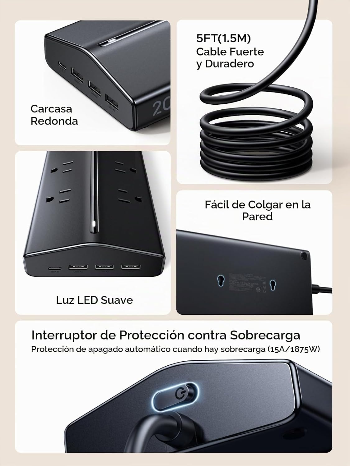 Regleta-Protectora-UGREEN-20-en-1-con-GaN-de-20-W-y-Cable-de-1-5-m-5