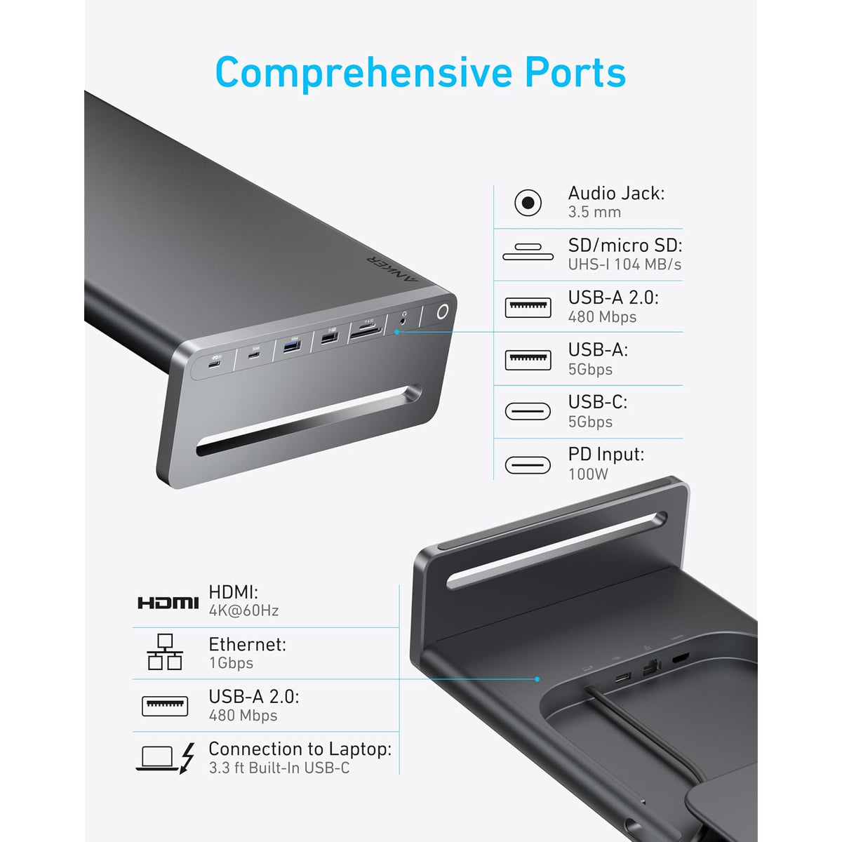 Anker USB-C Hub, soporte de monitor de aluminio 10 en 1 con carga máxima de - vista 3