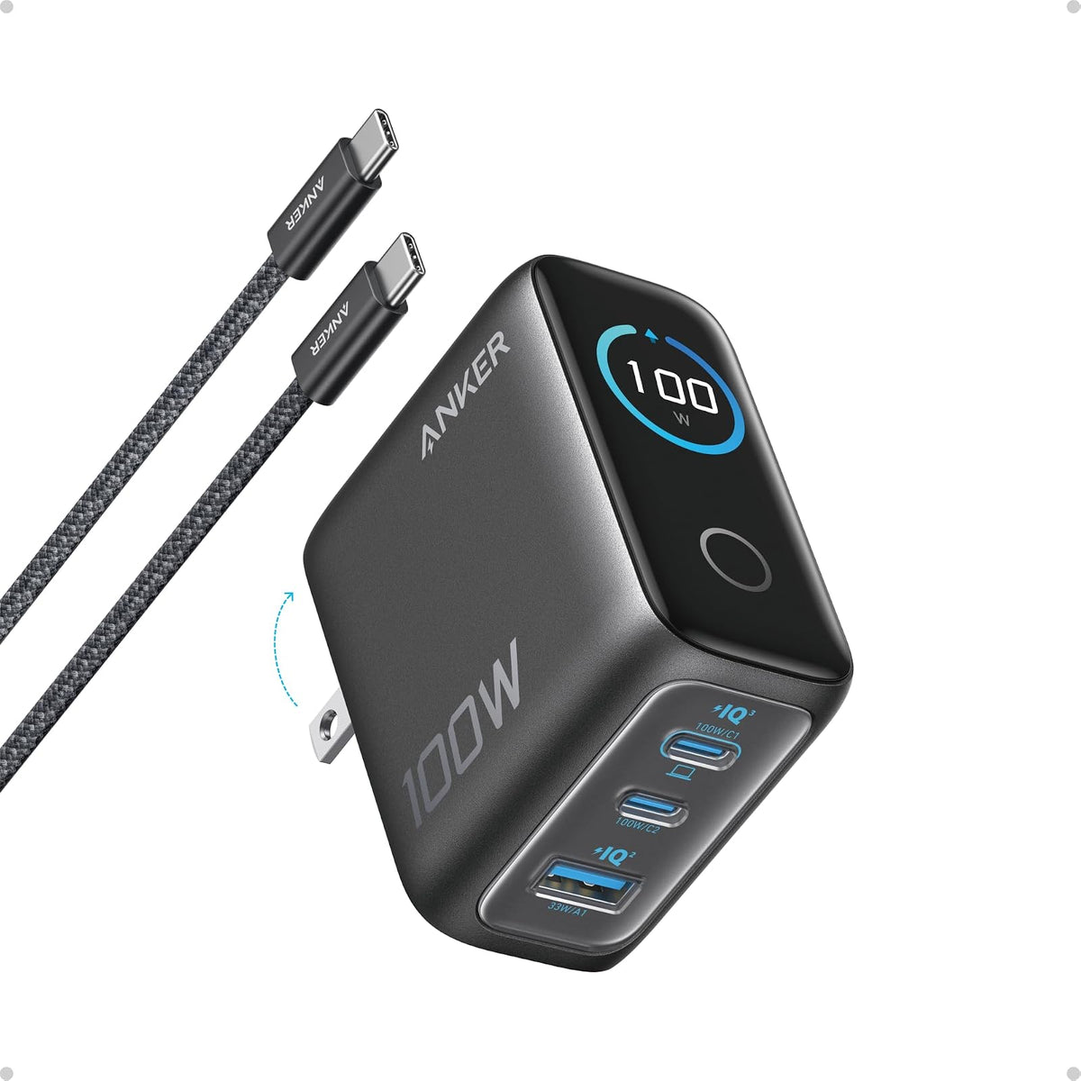 Cargador Anker USB C máximo de 100 W, cargador de teléfono GaN de 3 puertos