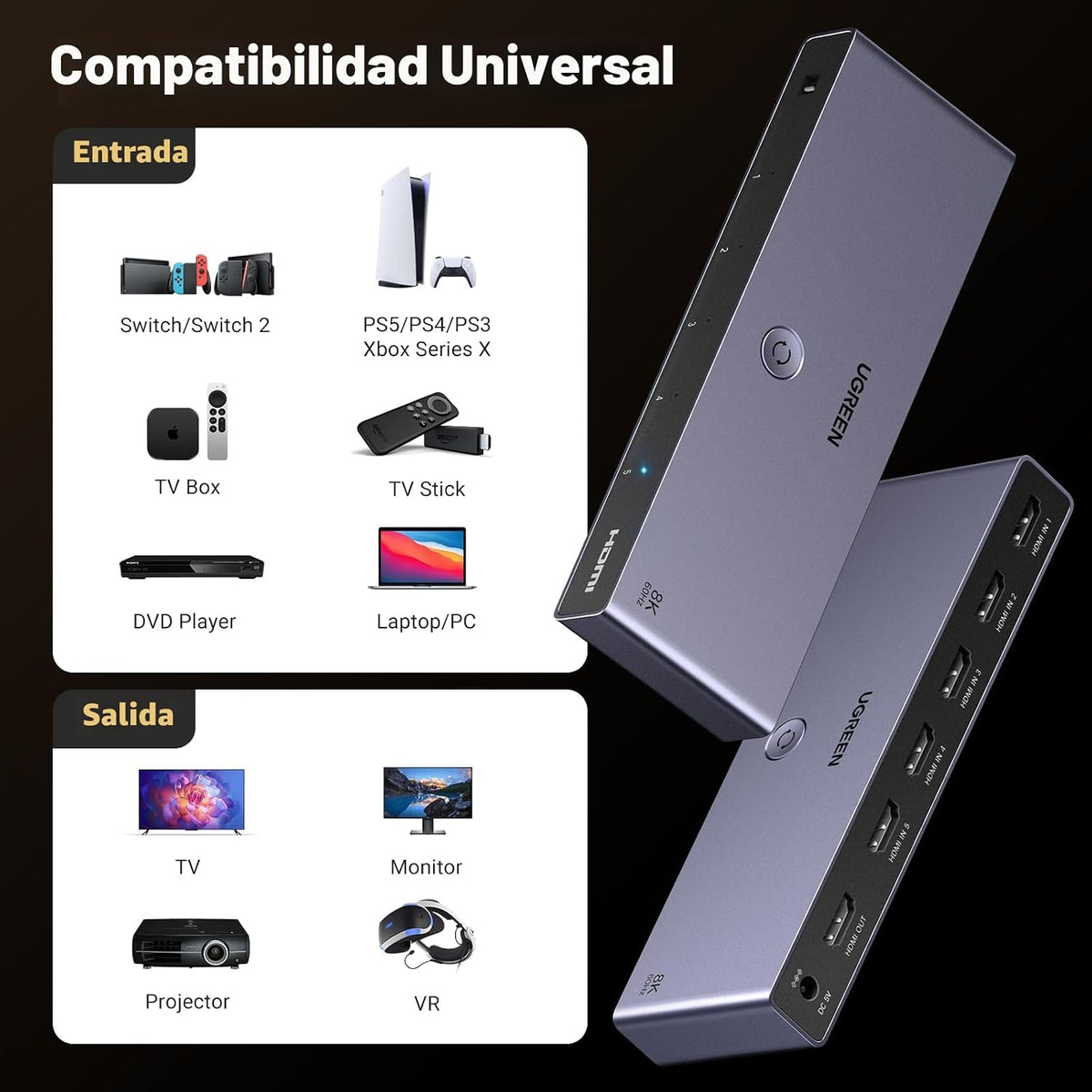 Switch-HDMI-UGREEN-8K-60Hz-de-5-Entradas-y-1-Salida-con-Control-Remoto-y-HDR10-8