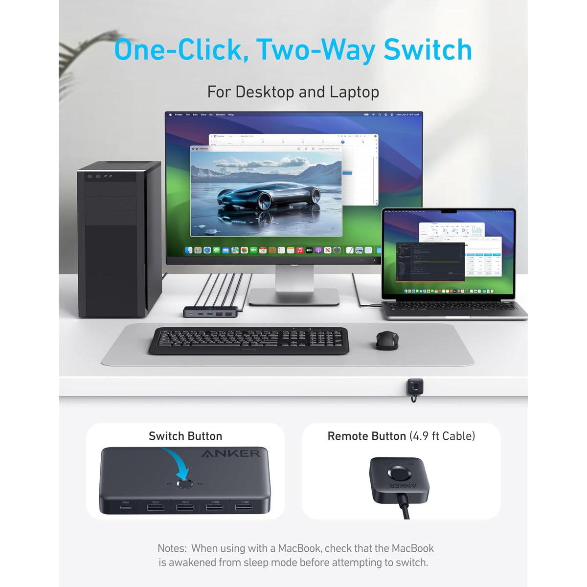 Conmutador Anker KVM HDMI USB 3.0, 5 Puertos USB 3.0, Soporta 4K@60Hz, Botón Magnético de Control Remoto para Cambio de Laptop a Escritorio - vista 3