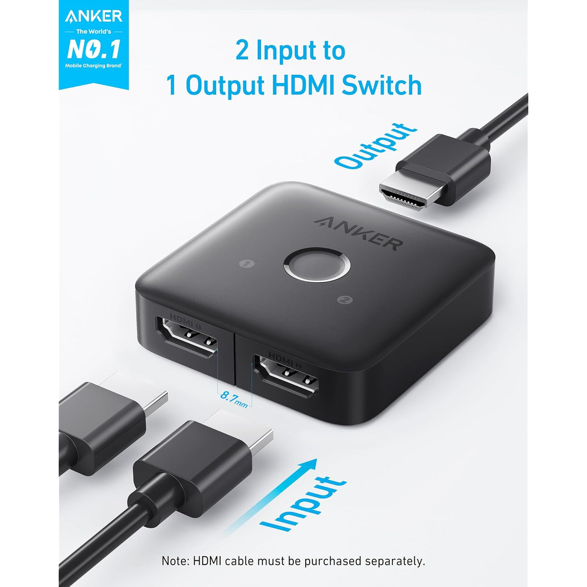 Conmutador Anker HDMI, interruptor HDMI 2 en 1, interruptor de monitor con - vista 2