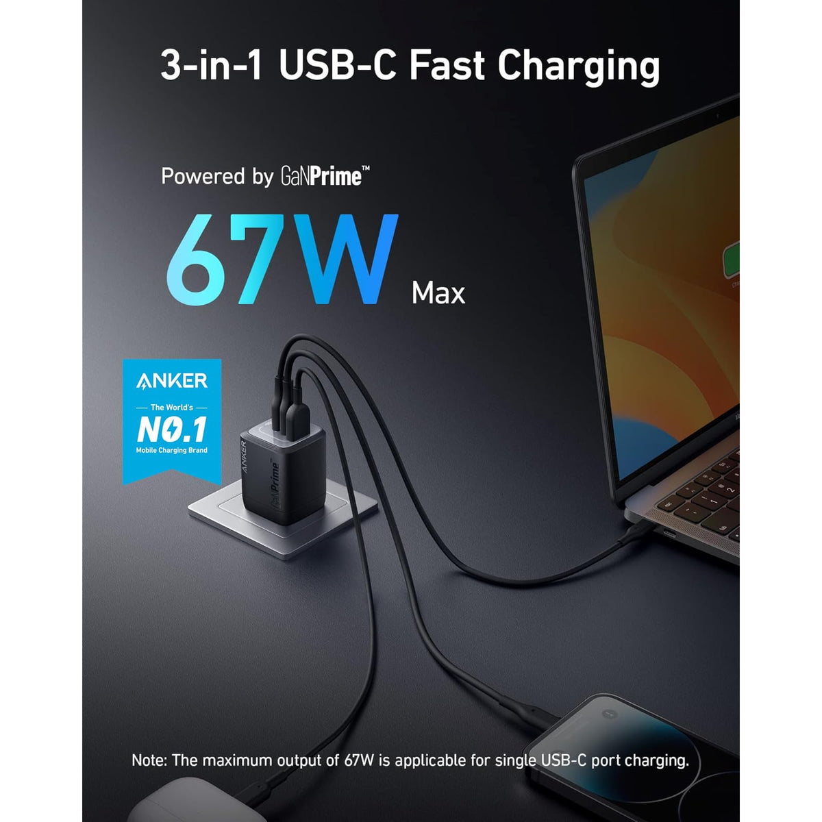 Anker Bloque de cargador USB, cargador de pared GaN de 67 W, carga rápida - vista 2