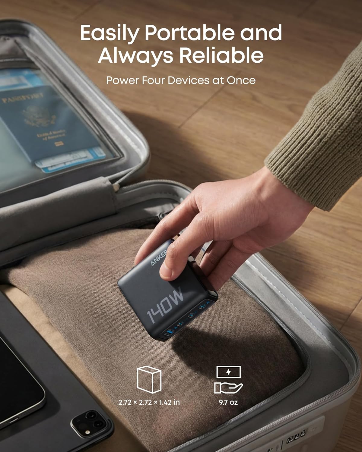 Cargador Anker 140W 3 Puertos USB-C y 1 Puerto USB-A con Cable USB-C