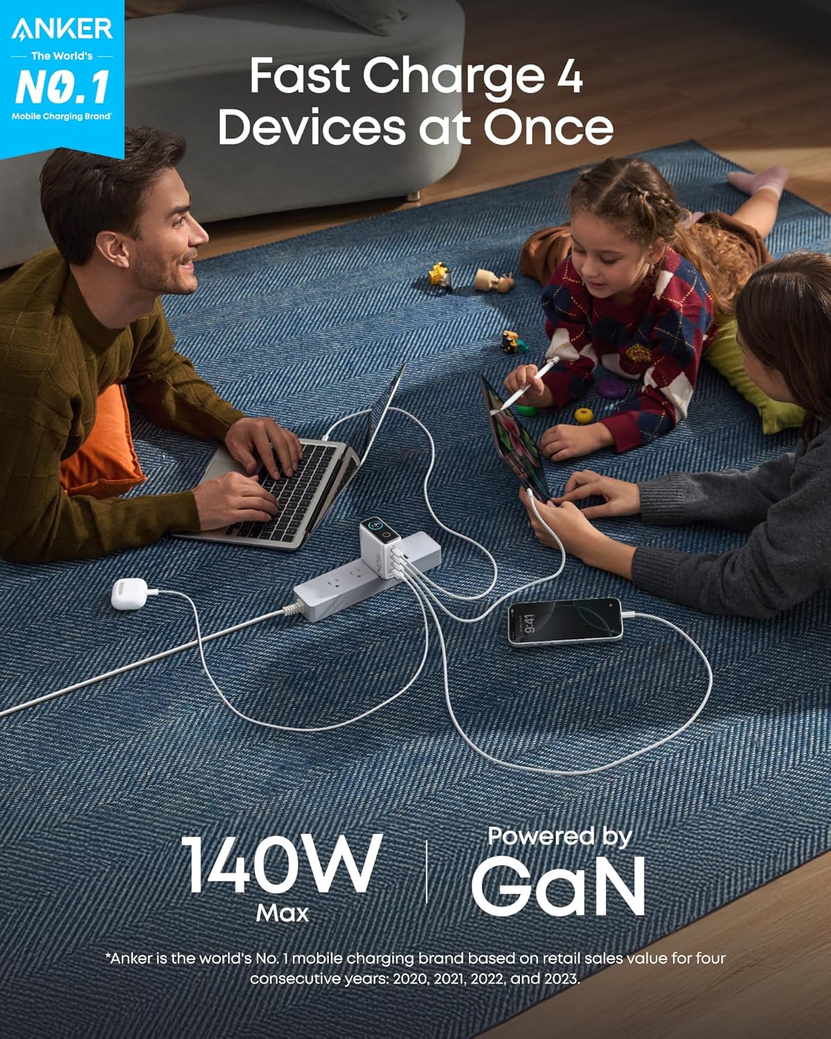 Cargador Anker 140W 3 Puertos USB-C y 1 Puerto USB-A con Cable USB-C