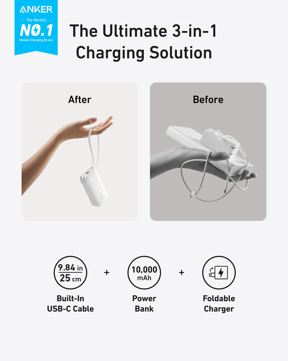 Power Bank Anker Fusion 65W con Cable USB-C Integrado y Pantalla LED