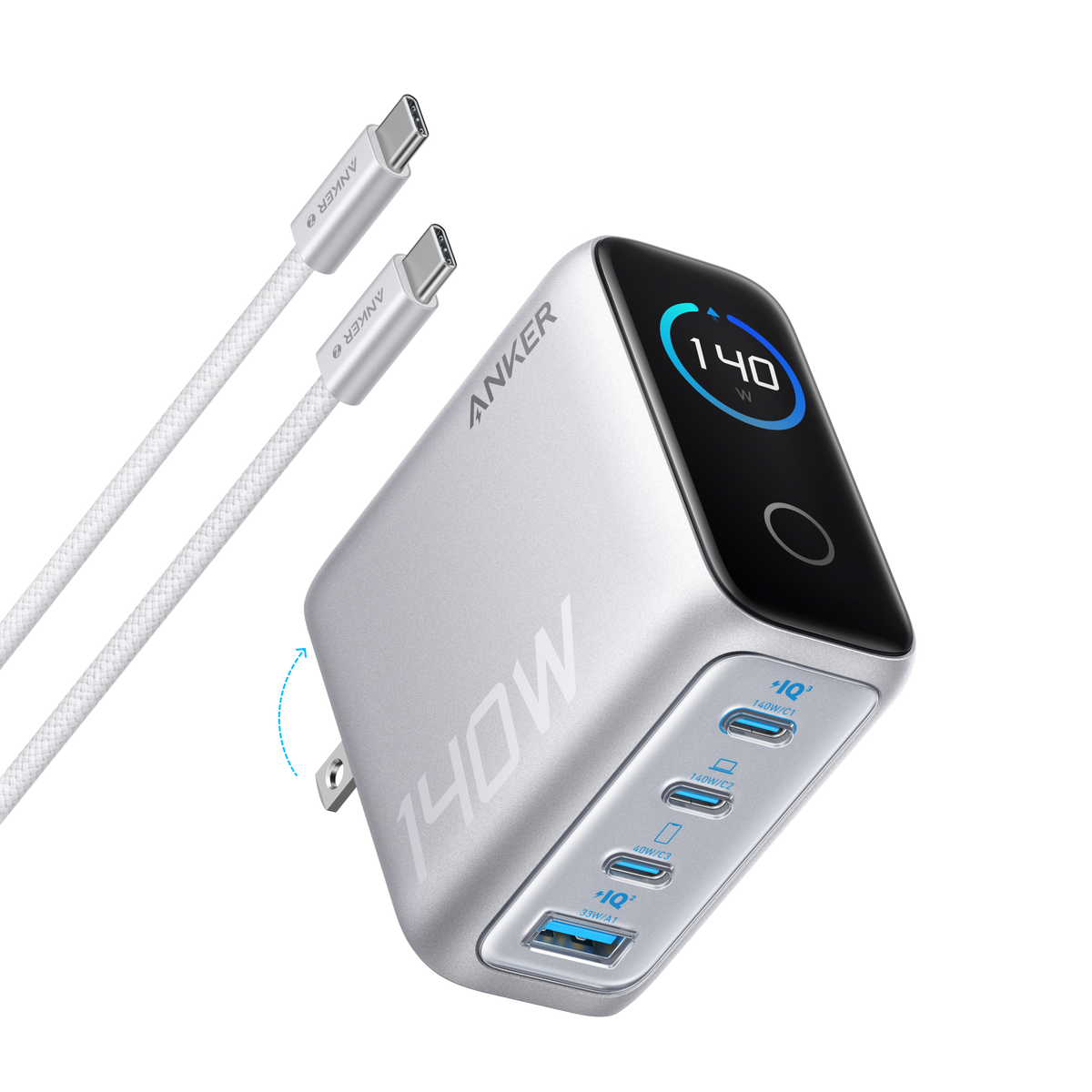 Cargador Anker 140W 3 Puertos USB-C y 1 Puerto USB-A con Cable USB-C