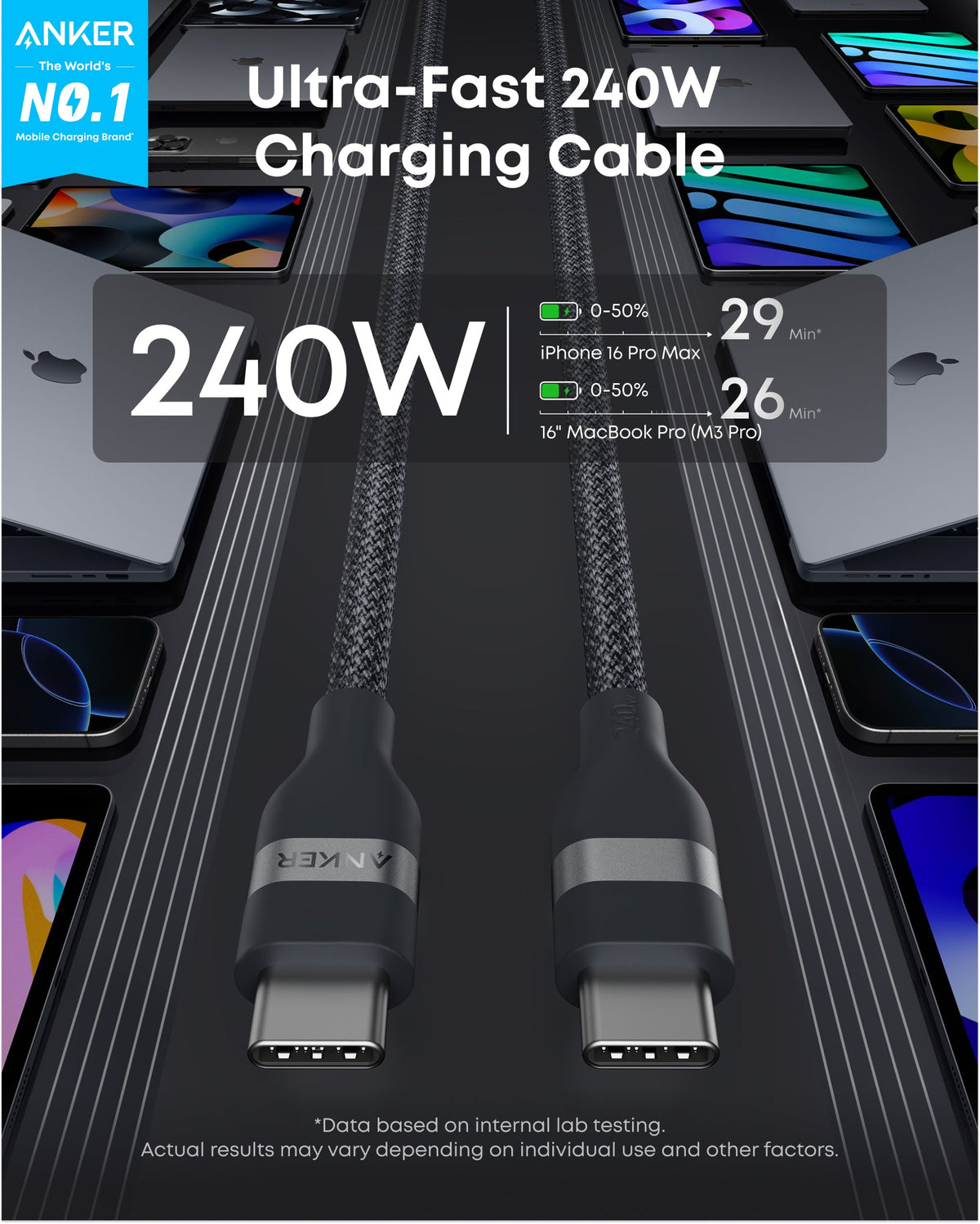 Cable Anker 240W USB-C to USB-C Cable (3ft Upcycled-Braided)