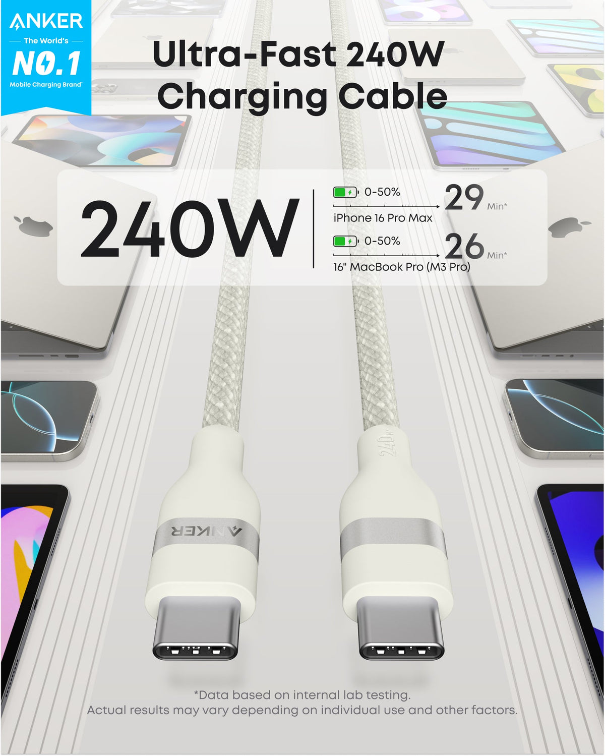 Cable Anker 240W USB-C to USB-C Cable (6ft Upcycled-Braided)