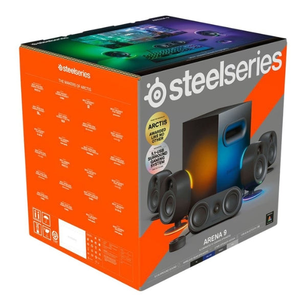 Cornetas - Gaming - SteelSeries - Arena - 9 - Illuminated - 5.1 - Channel - Desktop - Speakers - Subwoofer - 6.5 - Pulgadas - USB - Type-A - 3.5mm - Toslink - Optical - 61547 - Negro