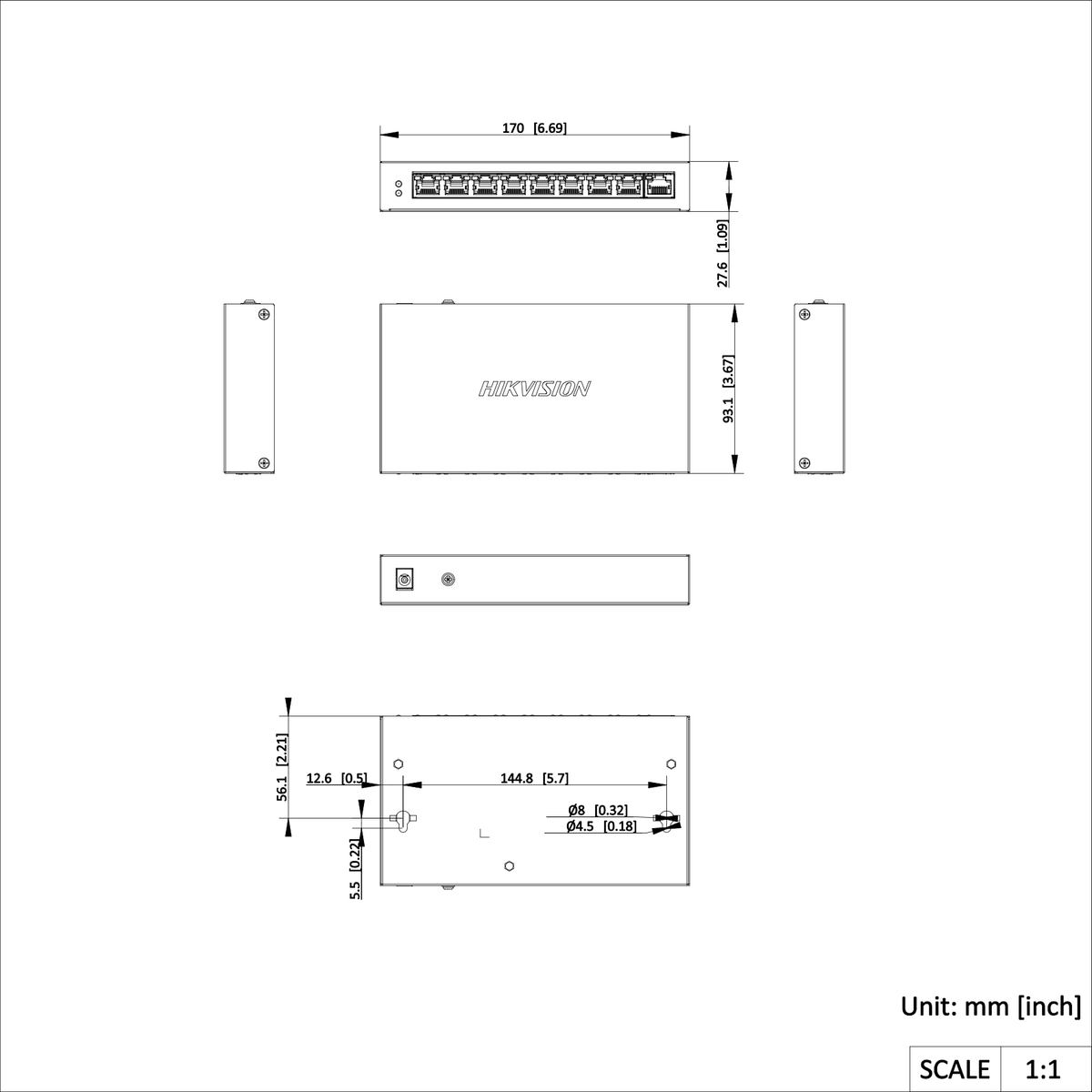 Switch PoE Hikvision - Administrable - 8 Puertos 10 - 100 Mbps PoE+ - 1 Puerto 100 Mbps Uplink - DS-3E1309P-EI/M