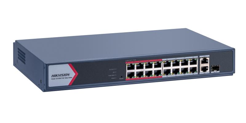 Switch PoE Hikvision - Switch Monitoreable 16 Puertos PoE 802.3AF - AT - Modo Extendido 300 mts - 1 Puerto UPLlink - DS-