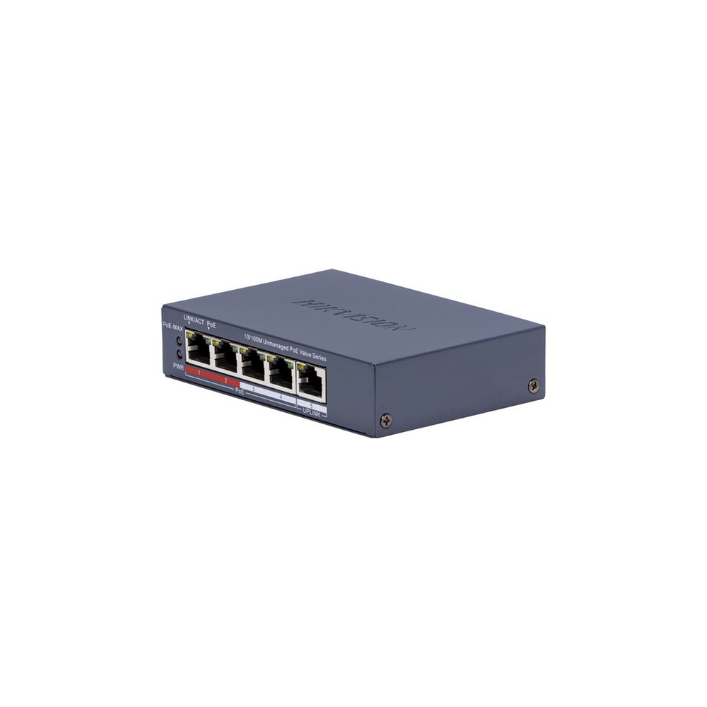 Switch PoE Hikvision - Monitoreable - 4 Puertos 100 Mbps PoE+ - 1 Puerto 100 Mbps Uplink - Configuración Nube Hik-Partne
