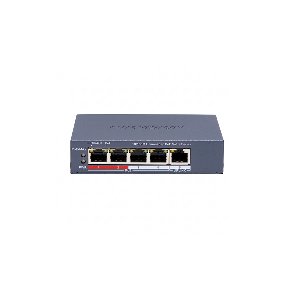 Switch PoE Hikvision - Monitoreable - 4 Puertos 100 Mbps PoE+ - 1 Puerto 100 Mbps Uplink - Configuración Nube Hik-Partne