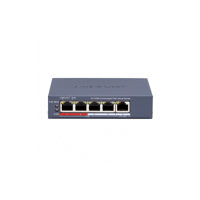 Switch PoE Hikvision - Monitoreable - 4 Puertos 100 Mbps PoE+ - 1 Puerto 100 Mbps Uplink - Configuración Nube Hik-Partne