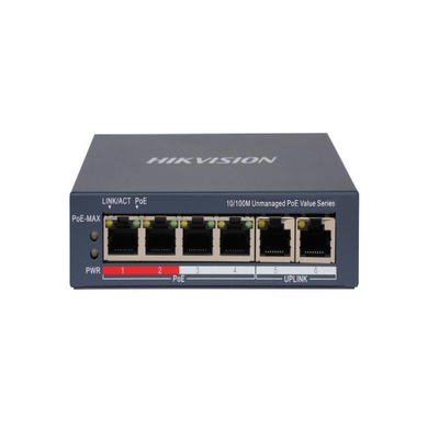 Switch PoE Hikvision - No Administrable - 4 Puertos 10 - 100 Mbps PoE+ (hasta 300 m) + 2 Puertos 10 - 100 Mbps Uplink - 