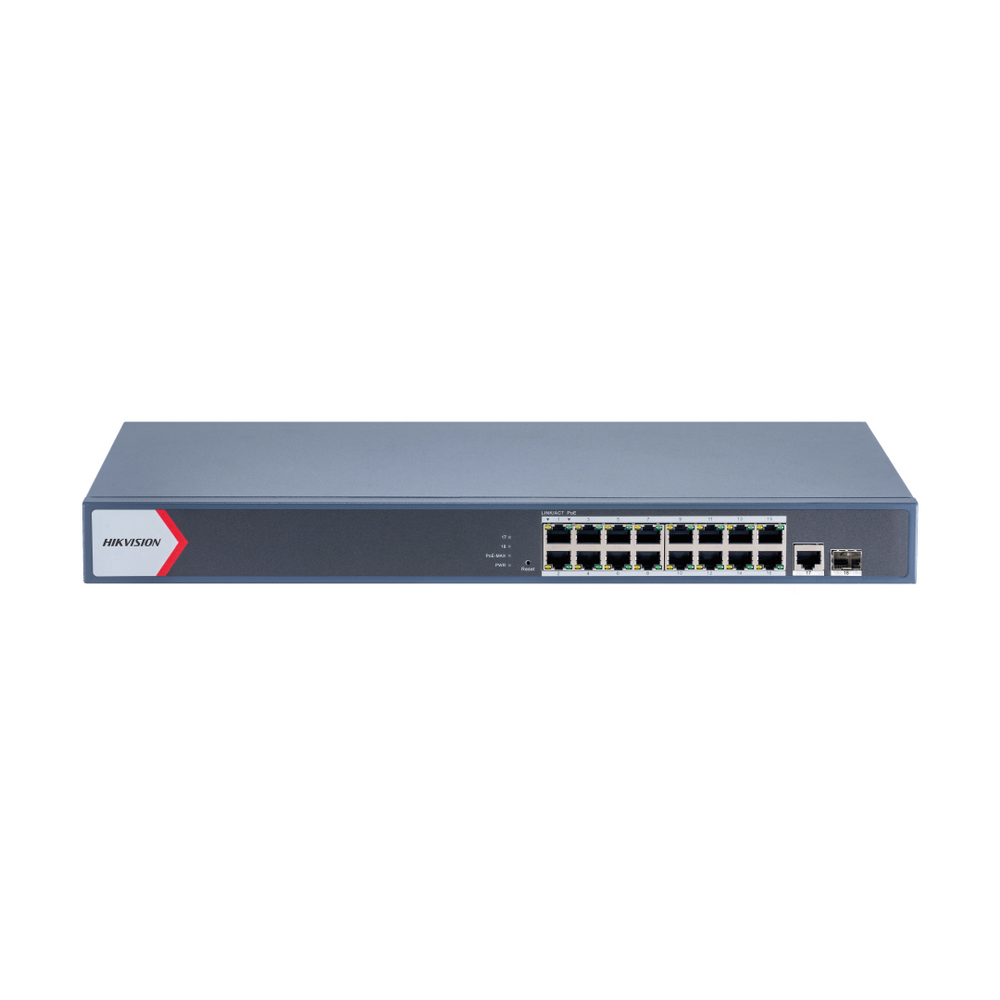 Switch PoE Hikvision - 1 × Gigabit RJ45 - 1 × Gigabit fibra óptica - DS-3E1518P-EIV2