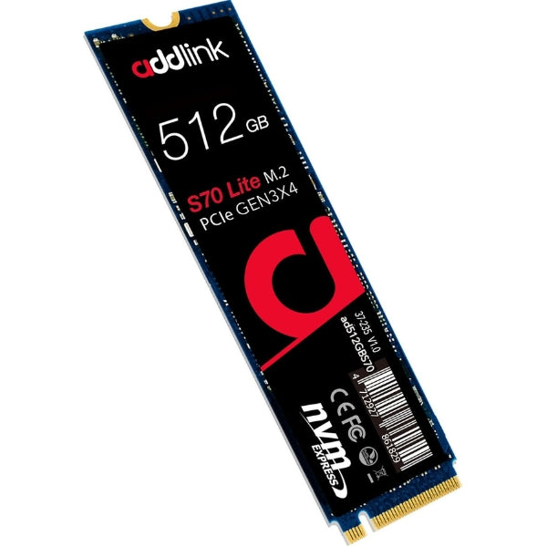 Disco Duro Sólido - Addlink - S70 Lite - 512GB - M.2 2280 - NVMe PCIe Gen3x4 - Lectura 3000MBs - Escritura 2000MBs - AD512GBS70LTM2P