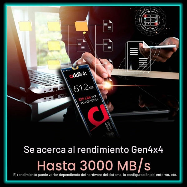 Disco Duro Sólido - Addlink - S70 Lite - 512GB - M.2 2280 - NVMe PCIe Gen3x4 - Lectura 3000MBs - Escritura 2000MBs - AD512GBS70LTM2P