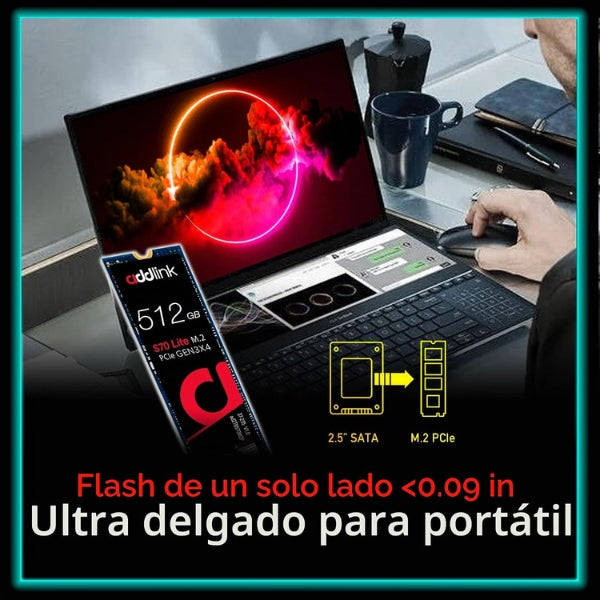 Disco Duro Sólido - Addlink - S70 Lite - 512GB - M.2 2280 - NVMe PCIe Gen3x4 - Lectura 3000MBs - Escritura 2000MBs - AD512GBS70LTM2P